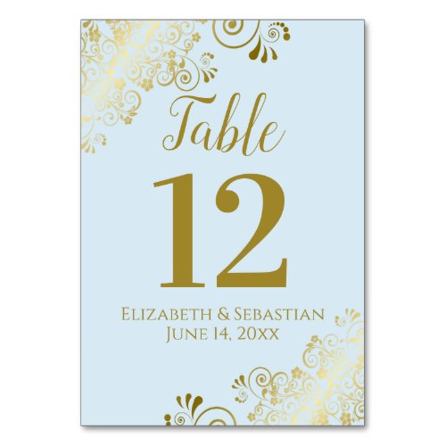 Powder Blue  Gold Lace Elegant Frilly Wedding Table Number