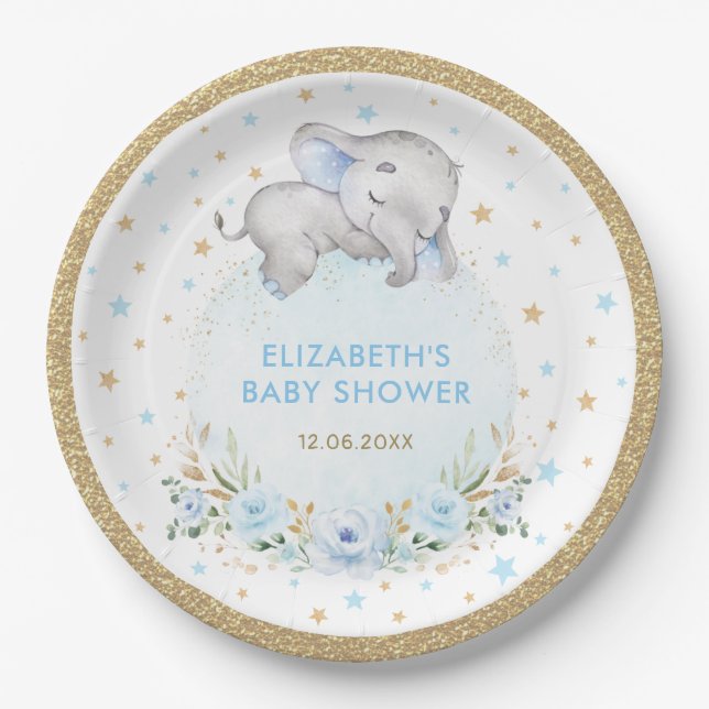 Powder Blue Gold Roses Elephant Baby Boy Shower Paper Plates (Front)