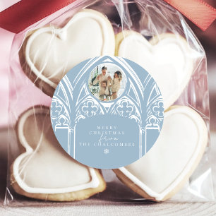 Powder Blue Gothic Castle Family Photo Christmas Classic Round Sticker