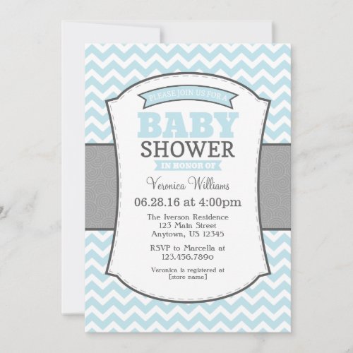 Powder Blue Gray Chevron Baby Shower Invitation