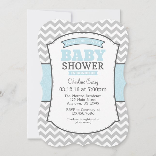 Powder Blue Gray Chevron Baby Shower Invitation (Front)
