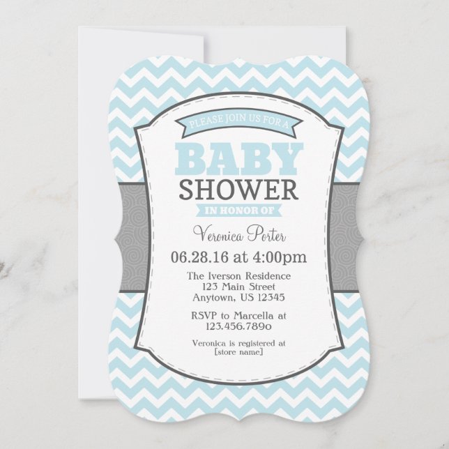Powder Blue Gray Chevron Baby Shower Invitation (Front)