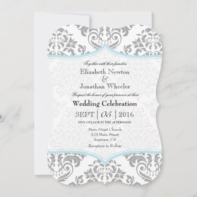Powder Blue Gray Damask Bracket Wedding Invite (Front)