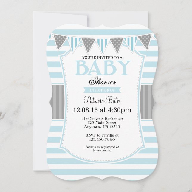 Powder Blue Gray Stripes Baby Shower Invitation (Front)