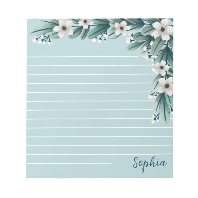 Powder Blue Greenery & White Flowers Lined Notepad (Front)