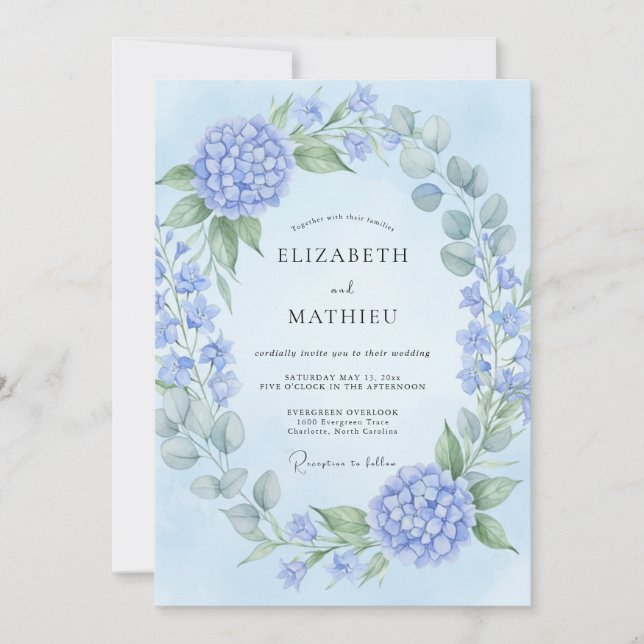 Powder Blue Hydrangea Blossom Wedding Invitation (Front)
