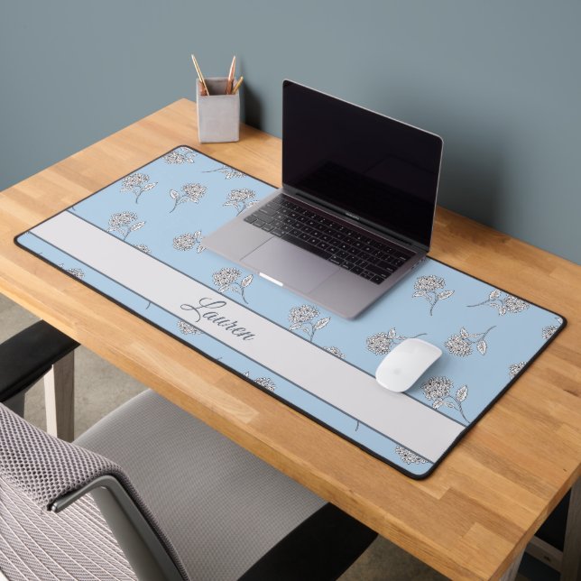 Powder Blue Hydrangea Floral Pattern Monogram  Desk Mat (Office 2)