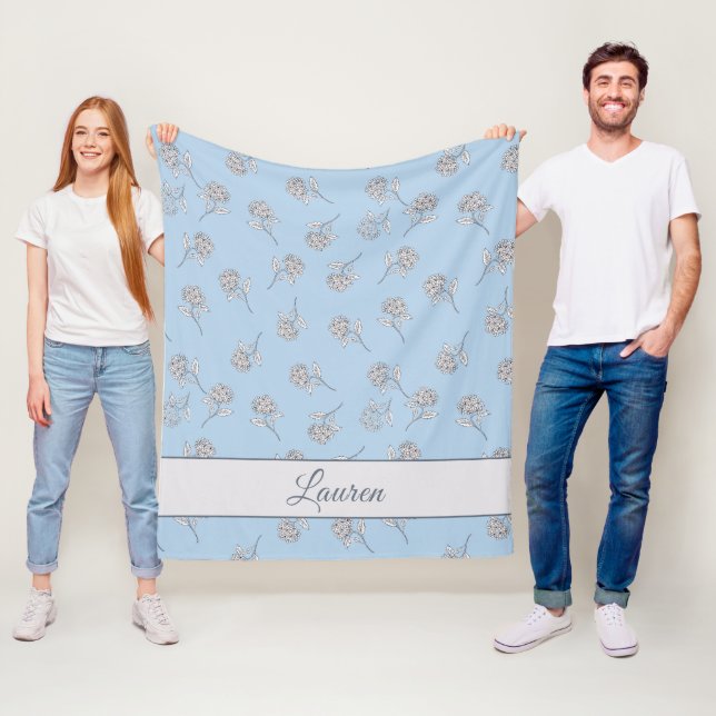 Powder Blue Hydrangea Floral Pattern Monogram  Fleece Blanket (In Situ)