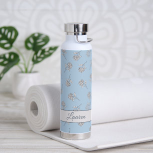 Powder Blue Hydrangea Floral Pattern Monogram Water Bottle