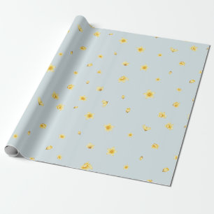 Powder Blue Japanese Wintersweet Floral Pattern Wrapping Paper