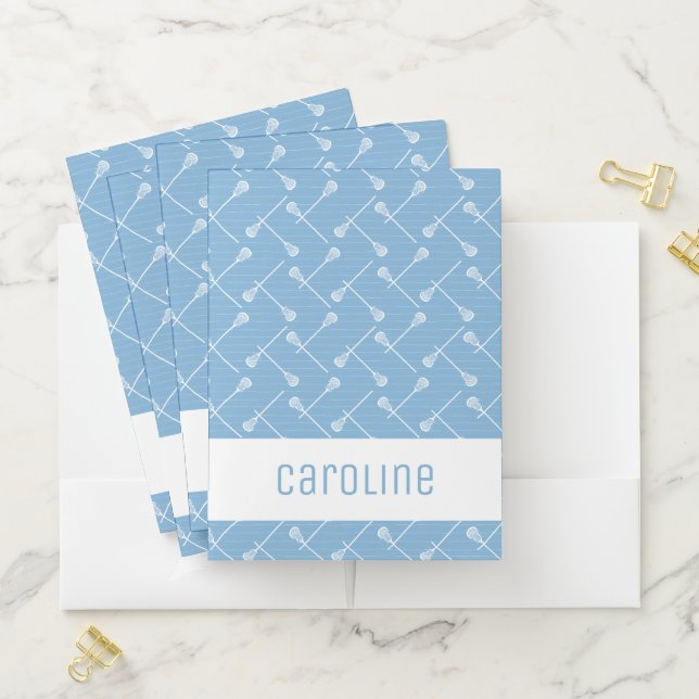 Powder Blue Lacrosse White Sticks Patterned Pocket Folder (In Situ)