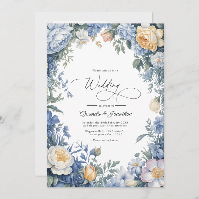 Powder Blue, Lemon Chiffon & Soft White Wedding Invitation (Front/Back)