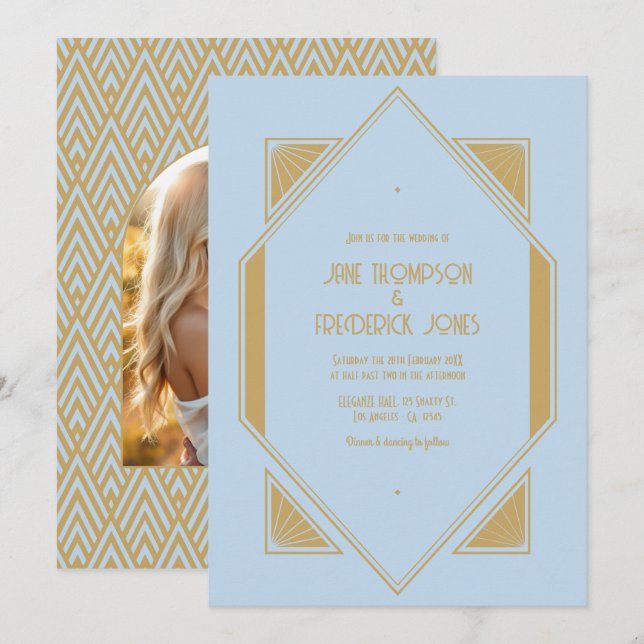 Powder Blue & Metallic Gold Art Deco Wedding Photo Invitation (Front/Back)