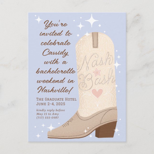 Powder Blue Nash Bash Cowgirl Boot Bachelorette Postcard (Front)