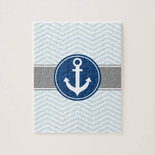 Powder Blue Nautical Anchor Chevron Jigsaw Puzzle