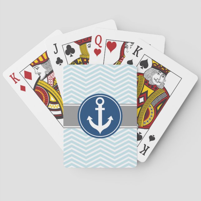 Powder Blue Nautical Anchor Chevron Poker Cards (Back)