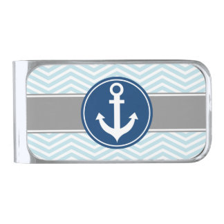 Powder Blue Nautical Anchor Chevron Silver Finish Money Clip