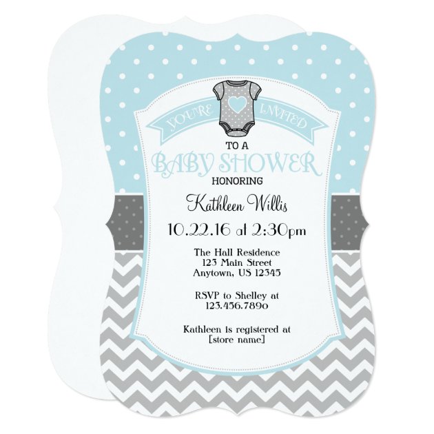 Powder Blue Polka Dot Chevron Baby Shower Invite