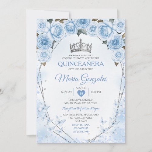 Powder Blue Quinceaera Crown Butterfly 15 Anos Invitation