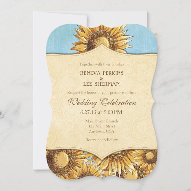 Powder Blue Rustic Sunflower Wedding Invitation (Front)