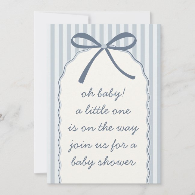 Powder Blue Stripe Bow Scalloped Baby Shower Invitation