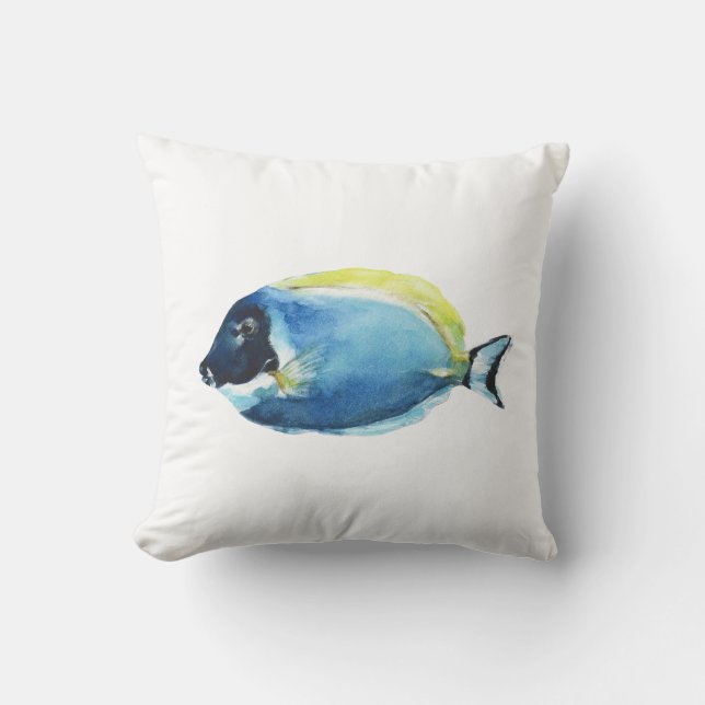 Powder Blue Tang Fish Postcard Throw Pillow (Front)