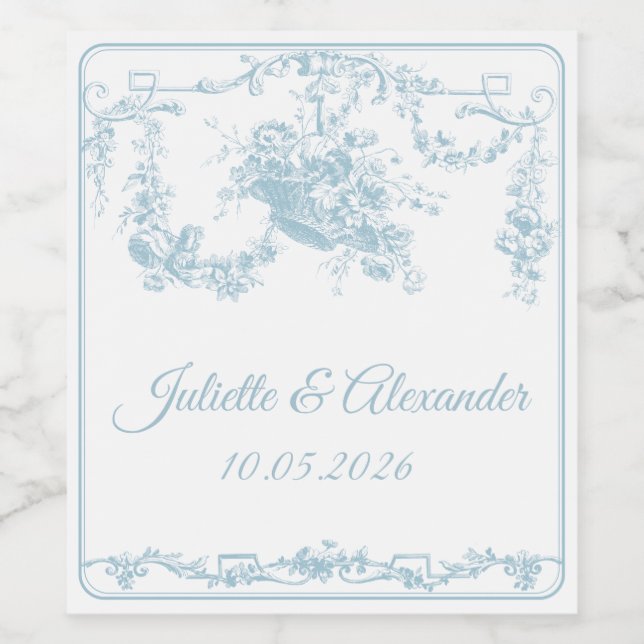 Powder Blue Toile de Jouy Wedding Bottle Label  (Single Label)