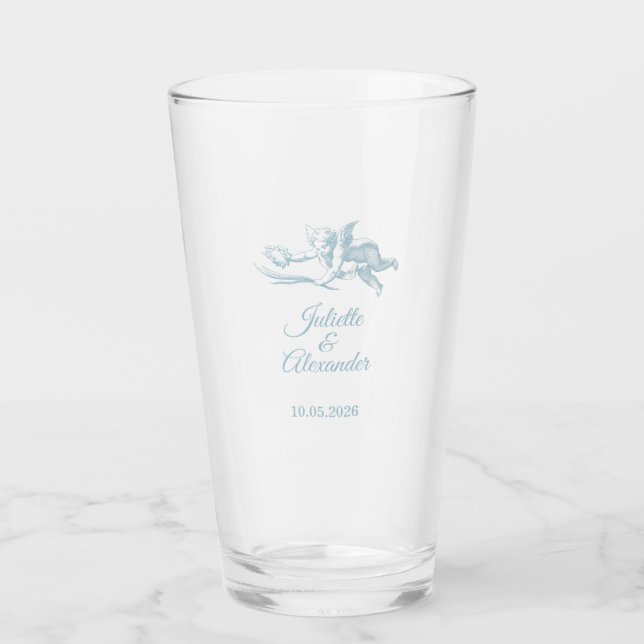 Powder Blue Toile de Jouy Wedding Glass Cup  (Front)