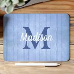 Powder Blue Vintage Pinstripe Retro Monogram Mouse Pad<br><div class="desc">This design features a vintage pinstripe pattern in pastel powder blue with darker blue dashed stripes. Personalize it with your monogram initial in blue and your name in white retro script.</div>