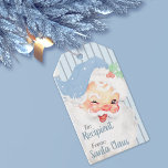 Powder Blue Vintage Santa Wink Christmas Gift Tags<br><div class="desc">This pastel light sky / baby blue Vintage Winking Santa Christmas hanging gift tag features an antique Santa Claus graphic that's been recolored and reimagined. The background is a monochromatic tri-tone vertical stripe pattern. . the text for sender and receiver only appears on the front. the back graphic is identical,...</div>