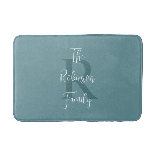 Powder Blue White Family Name Classic Monogrammed  Bath Mat (Front)