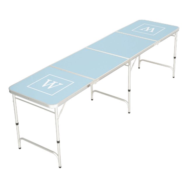 Powder Blue White Framed Initial Monogram Beer Pong Table (Angled)