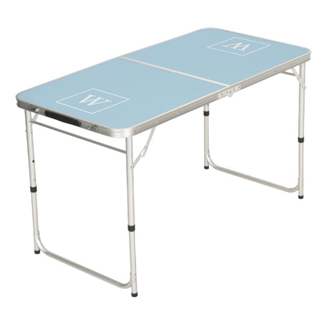 Powder Blue White Framed Initial Monogram Beer Pong Table (Angled)