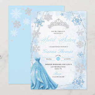 Powder Blue Winter Wonderland Snowflake Sweet 16 Invitation