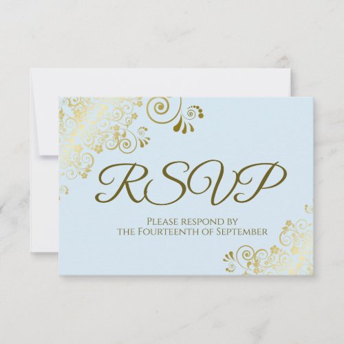 Powder Blue with Elegant Gold Lace Frilly Wedding RSVP Card