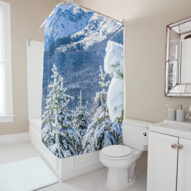 Powder Forest // Blue Snow Cap Mountain Shower Curtain (In Situ)