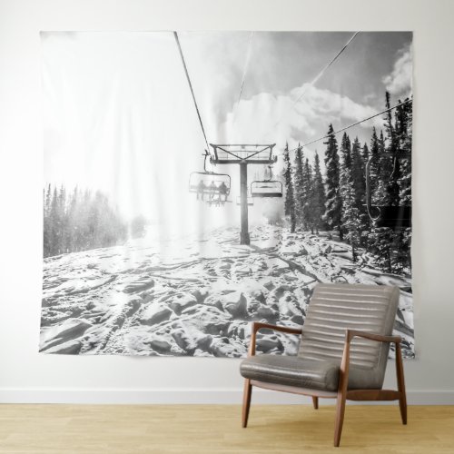 Powder on the Hill  Black and White Skilift Tapestry