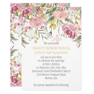 Powder Pink Blush Gold Greenery Floral Wedding Card