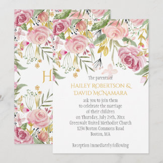 Powder Pink Blush Gold Greenery Floral Wedding Invitation