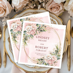 Powder Pink Flowers Greenery with Gold Glitter  Napkins