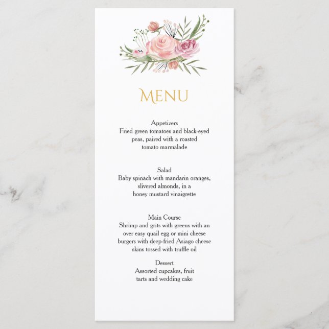 Powder Pink Gold Watercolor Roses Menu Cards (Front)