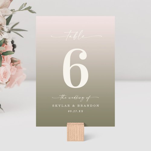 Powder Pink  Lily Green Ombre Monogrammed Wedding Table Number