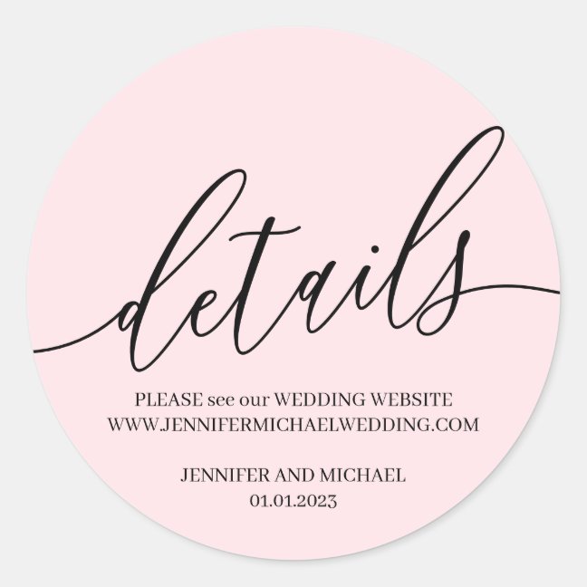 Powder Pink Wedding Signature Details text Classic Round Sticker