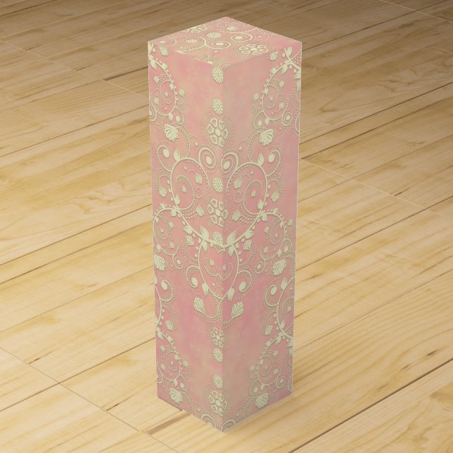 Powder Puff Peachy Pink Girly Damask Wine Box (Front)