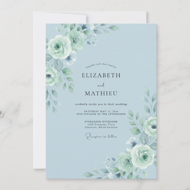 Powder Seafoam Peony Wedding Invitation (Front)