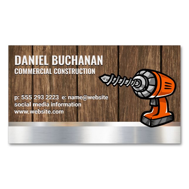 Power Drill | Wood Metallic Background Business Card Magnet (Front)