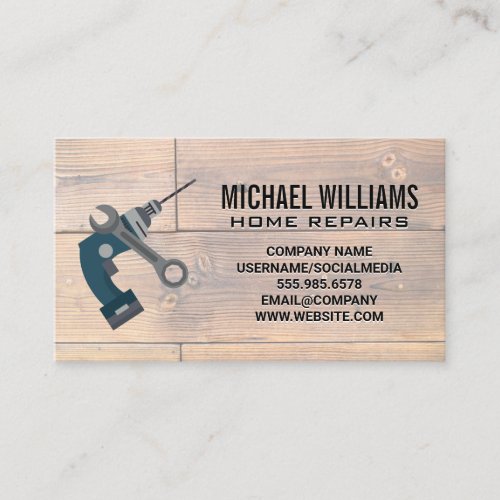 Power Drill Wrench  Wooden Panels Business Card