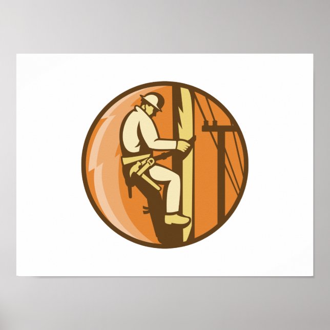 Power Lineman Electrician Climbing Utility Post Poster (Front)