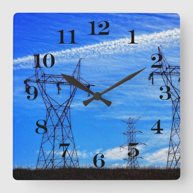 Power lines in blue sky square wall clock (Front)