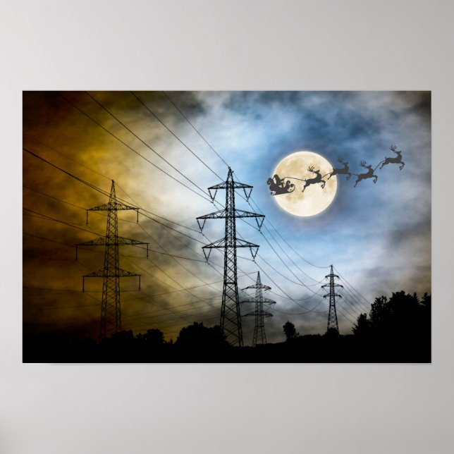 Power Lines, Santa and Full Moon Christmas Poster (Front)